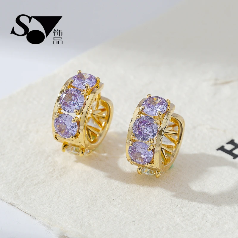 铜合金耳饰 锆石镶嵌双面圆形耳扣银针抗过敏气质时尚高级感时尚