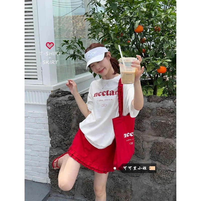 韩系字母印花宽松短袖恤花边半身裙2025夏季新款辣妹时尚套装女