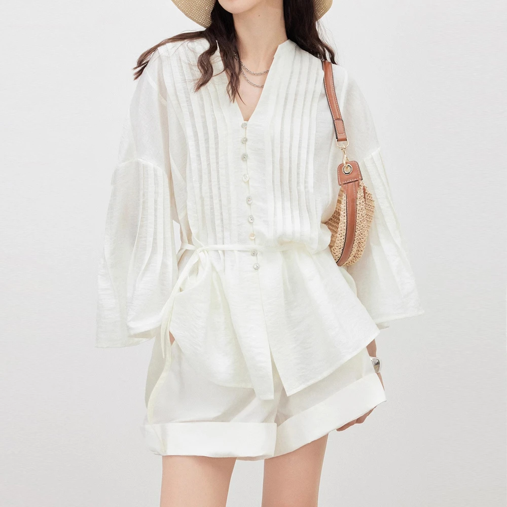 设计师小众春季外套轻盈透感防晒系带宽松显瘦上衣长袖V字领衬衫