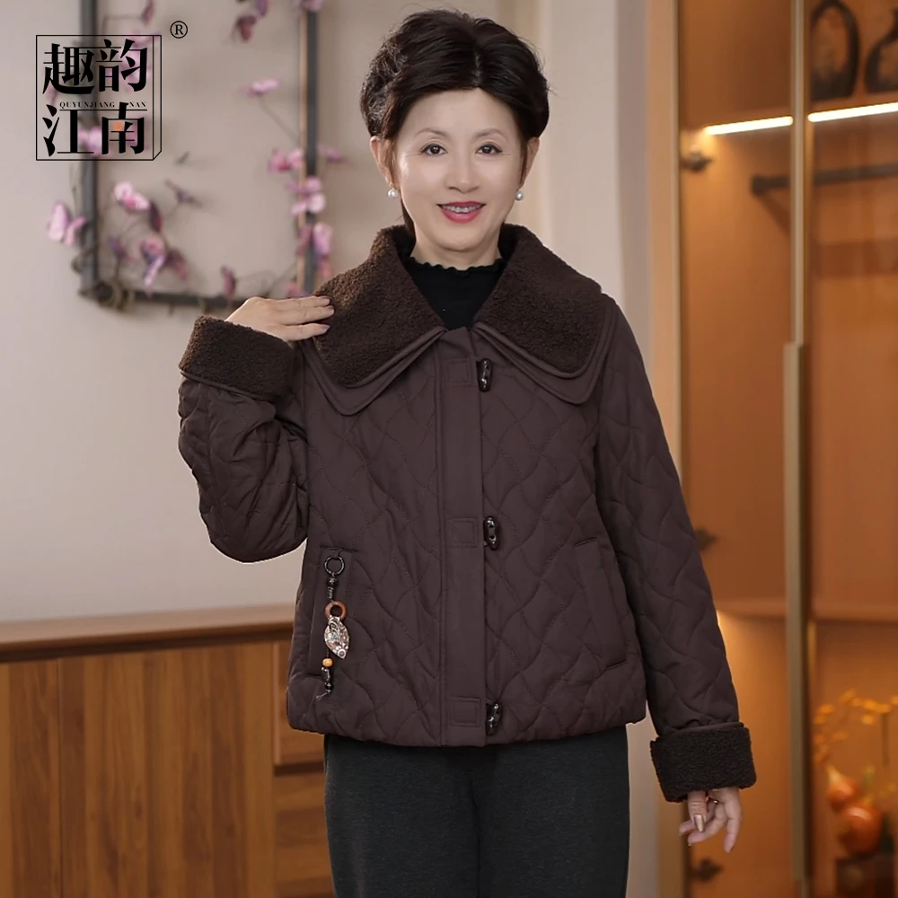 趣韵江南奶奶装菱格绗缝毛绒大翻领气质时尚保暖优雅立体装饰外套