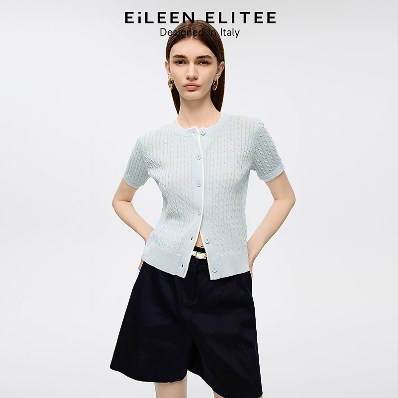 朗姿欧洲EiLEEN ELITEE2025秋新款假两件撞色短袖绞花针织开衫女