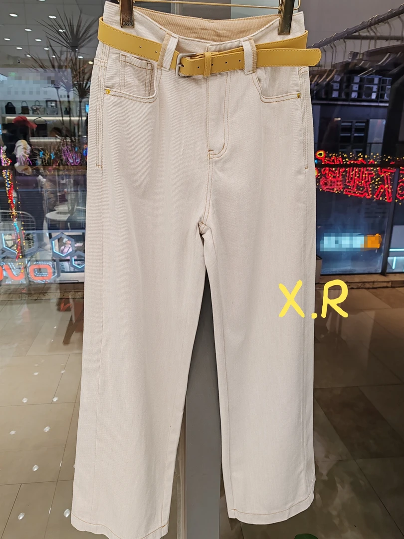 X.R春款欧货高级感阔腿裤女高腰垂感直筒休闲裤米白色牛仔裤