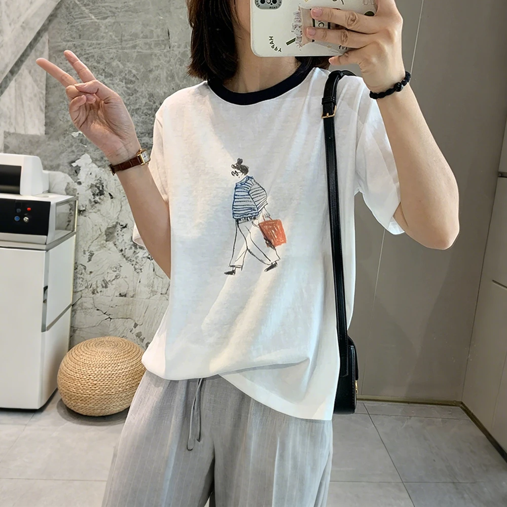 雪花棉透气可爱印花减龄拼色短袖T恤女2025夏季新款百搭体恤上衣