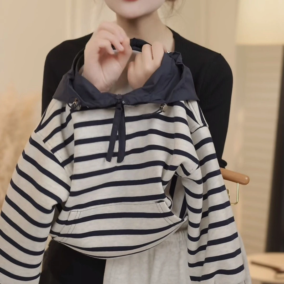 童装2025新款春秋装大童儿童春款新品连帽套头男女童洋气条纹外套