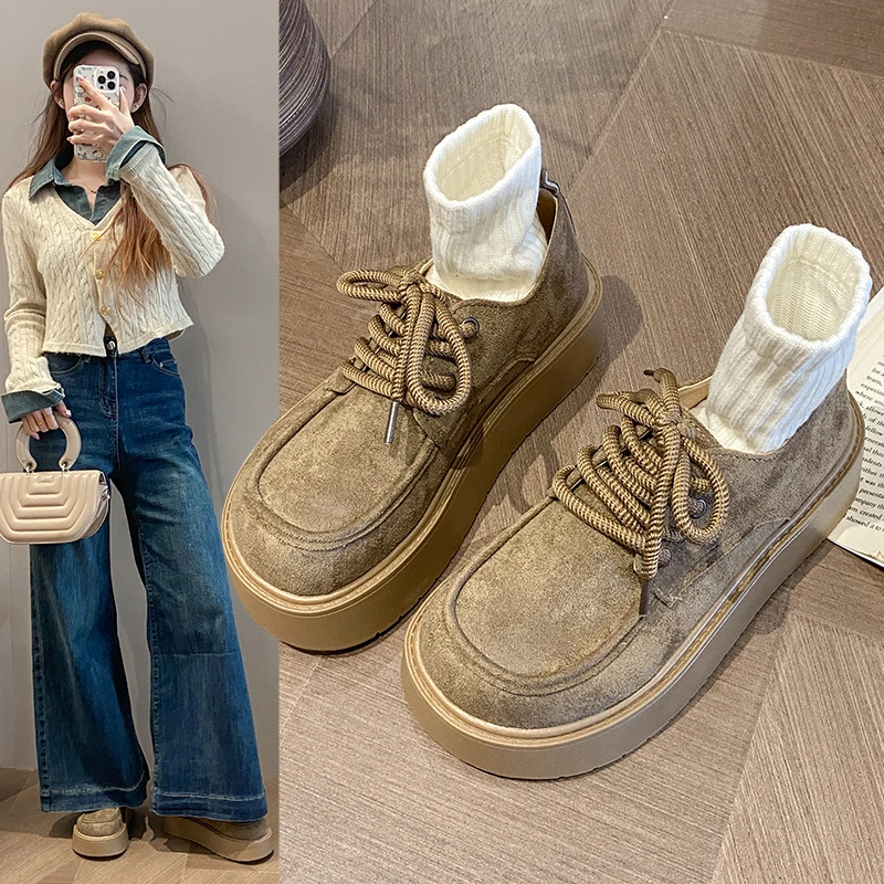 单鞋防滑春季交叉绑带深口乐福鞋加绒系带职场休闲风