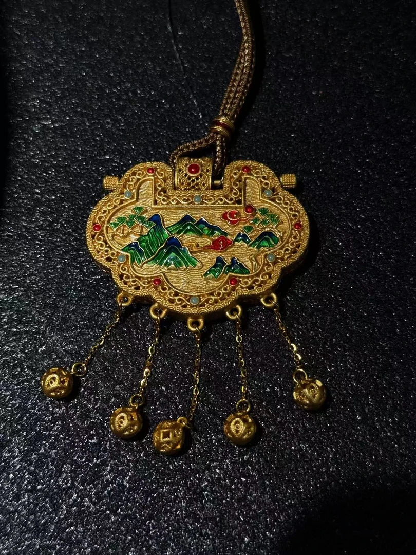 吊坠足银 《金缕山河锁》新中式复古镀金珐琅彩山河足银锁