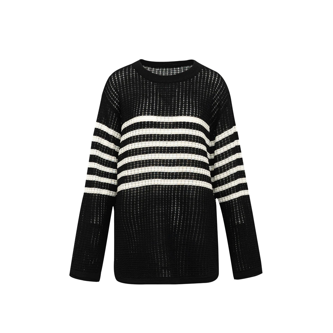 【玑理感菠萝镂空羊毛衫】丝光羊毛条纹撞色宽松针织衫女W23CF7321