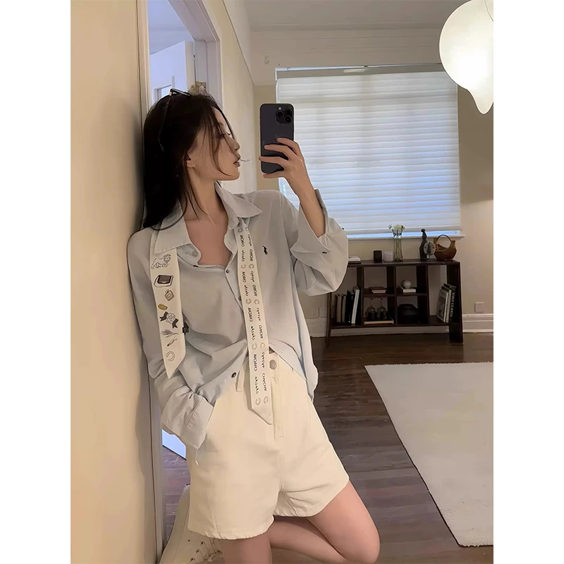 清冷感学院风浅浅蓝小马刺绣气质衬衫棉质慵懒感外套上衣