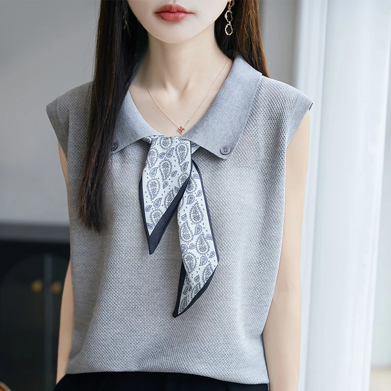 天丝亚麻休闲风2025夏季新款polo翻领纽扣丝巾高级感洋气无袖上衣