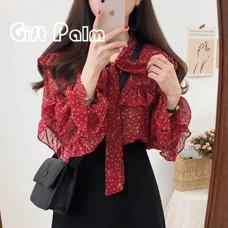 GiftPalm荷叶领碎花防晒雪纺衫新款覆古显瘦喇叭袖红色印花衬衫女