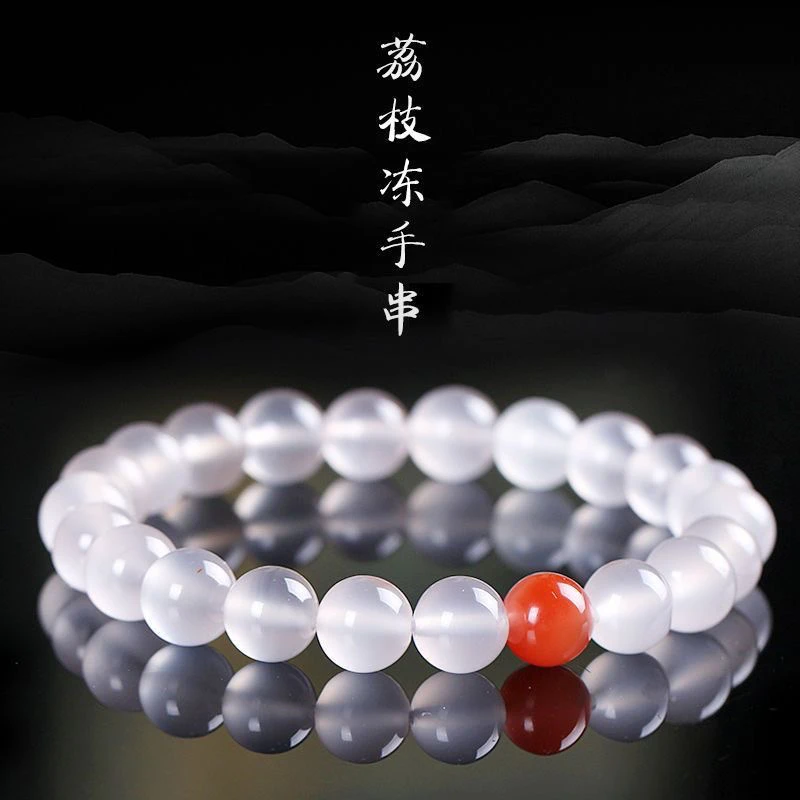 荔枝冻白玛瑙手串白圆珠单圈手链男女款本命年佛珠