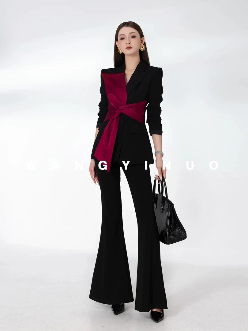 2025秋季长袖设计感西装休闲拼接显瘦气质外套+喇叭裤套装