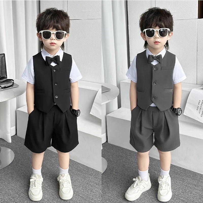 夏款儿童西装套装男孩花童礼服高端大气6-12岁男童帅气主持人礼服