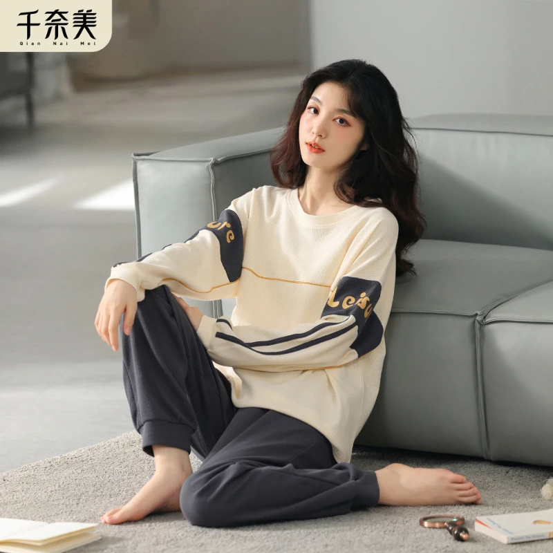 千奈美100%纯棉春秋季睡衣女长袖宽松大码运动风可外穿家居服套装