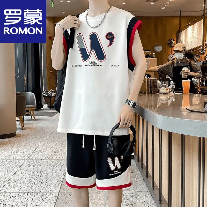 罗蒙夏季新款男士穿搭无袖运动休闲套装港风时尚宽松帅气青少年两