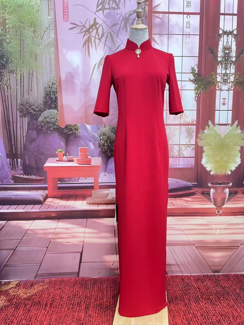 夏季红色新款高弹中国风改良红色旗袍气质显瘦舞台礼仪服装L5370