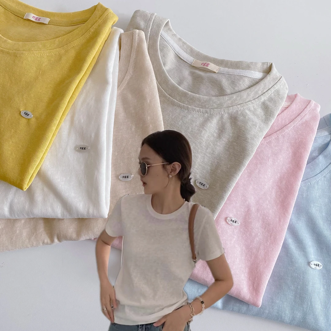 【egg麻棉圆领t恤】韩系慵懒风感麻棉圆领极简风抗皱针织冰凉感女t