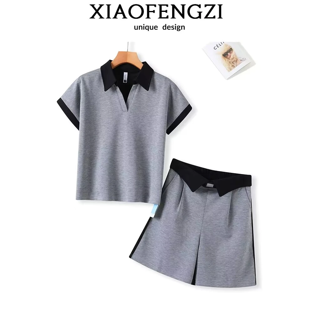 A007-4休闲运动套装2025夏季polo领短袖撞色短裤两件套减龄
