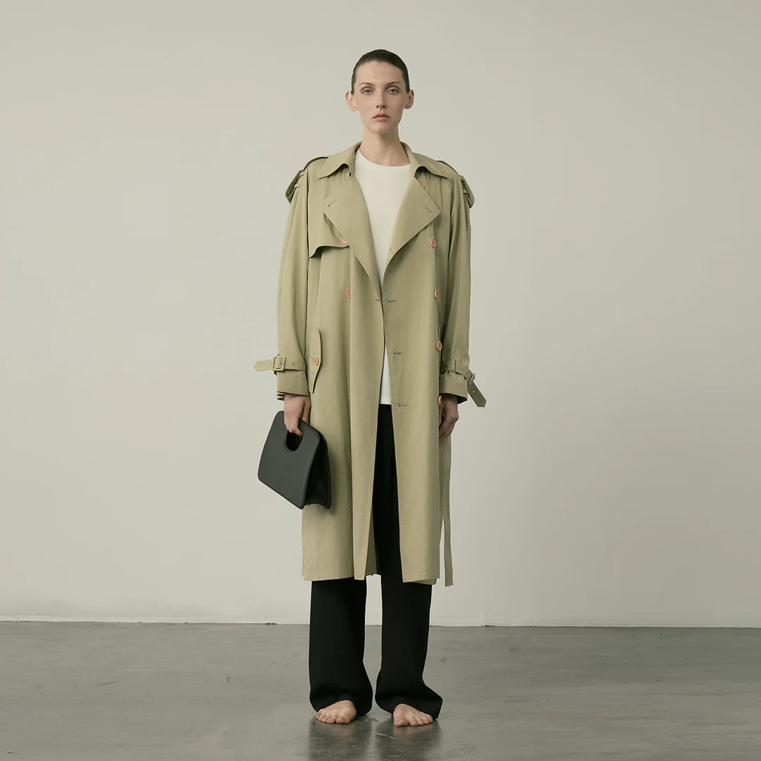 AP洛哥26845X追风】全棉定染绿色双排扣极简风休闲长风衣