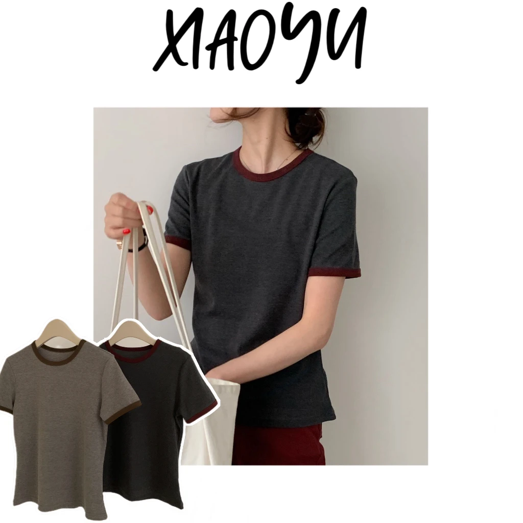 【撞色领短袖】S韩单简约撞色领短袖T恤百搭显瘦设计感短袖上衣