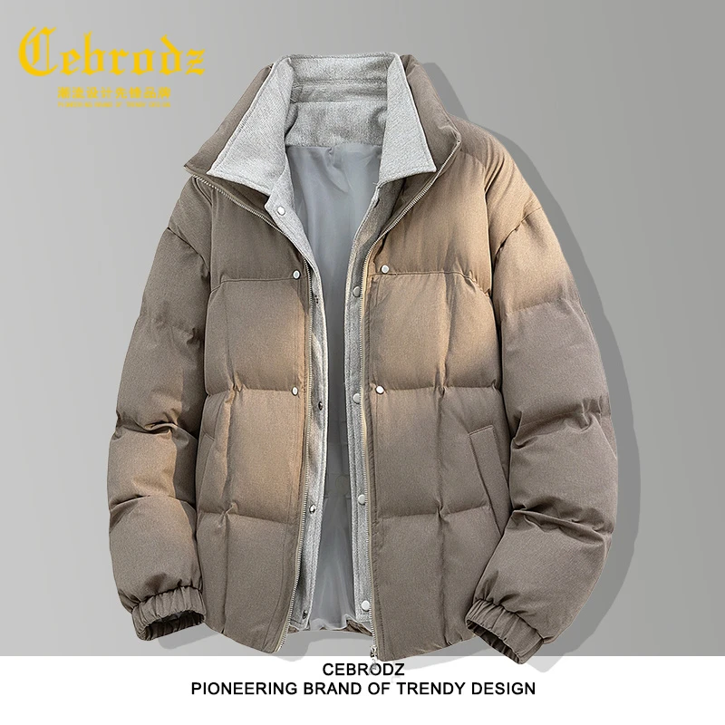 法国Cebrodz假两件拼色羽绒服男款冬季立领加厚保暖上衣外套大码