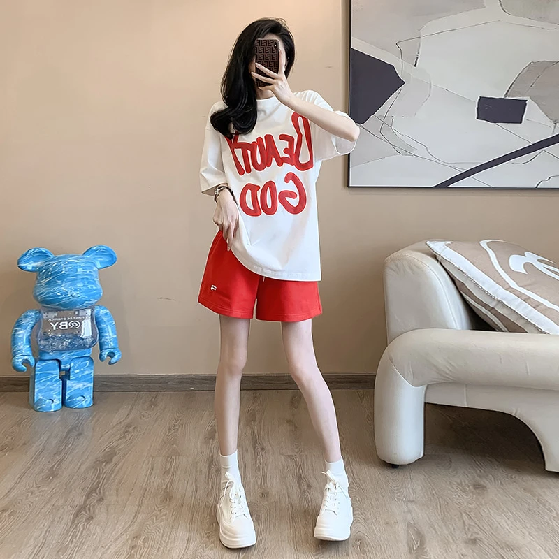 休闲运动套装女夏新款2025旅行海边穿搭红色印花高级感时尚两件套