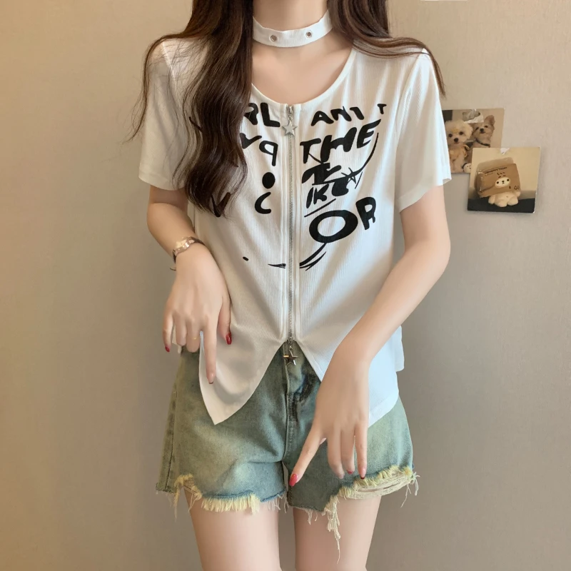 3962大码女装胖妹妹收腰显瘦设计感双拉链印花上衣2958/2985/3985