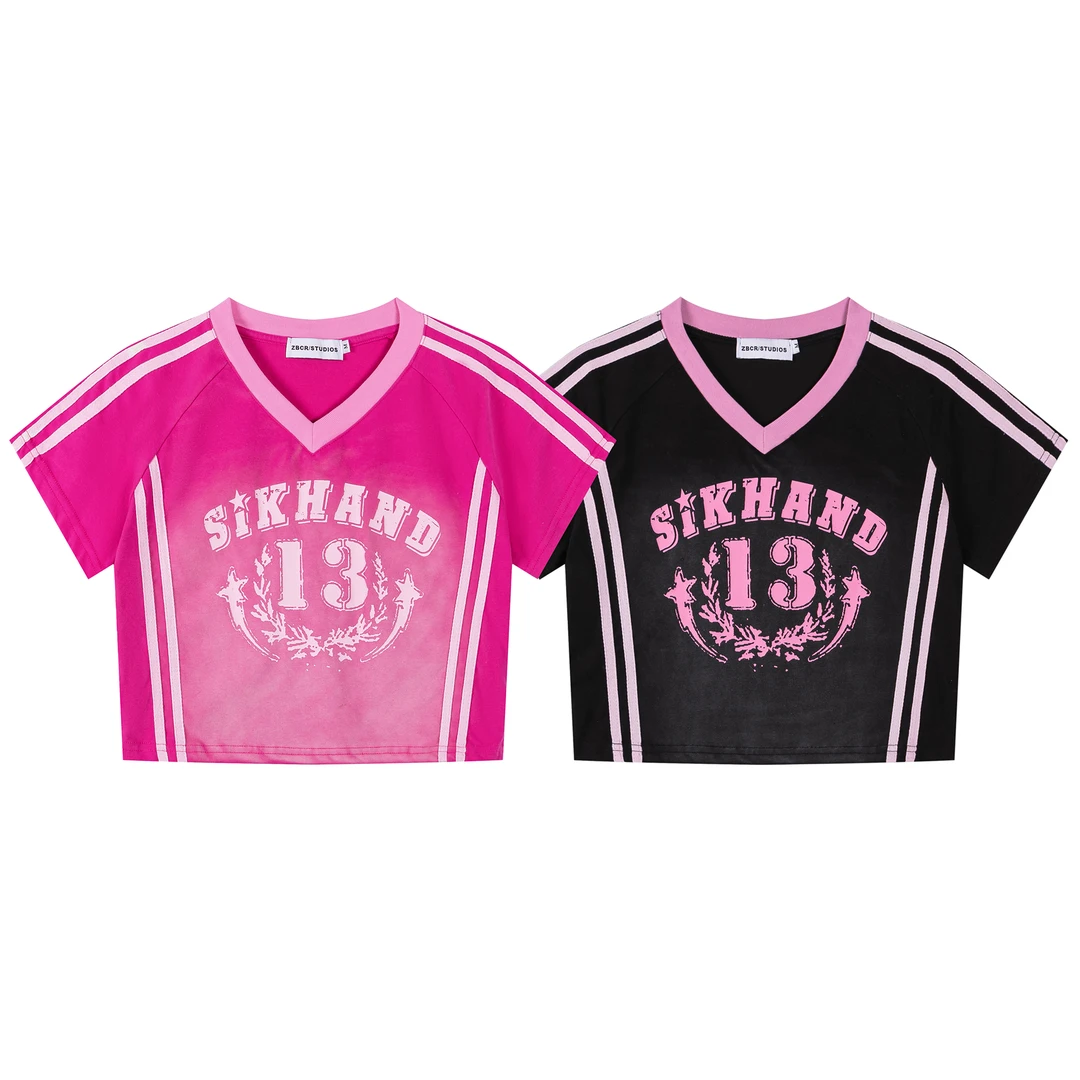 美式学院运动风扎染短袖t恤女2025夏季宽松v领小众上衣潮