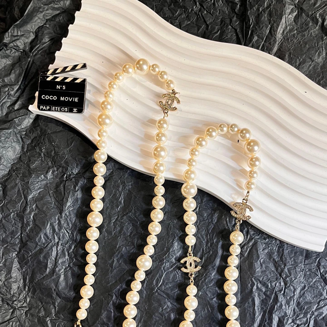 95新 Chanel/香奈儿 泡泡中古Chanel水钻双C珍珠项链