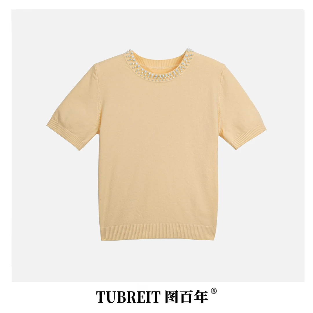 TUBREIT/图百年时尚钉珠圆领纯色短袖t恤针织打底衫上衣女欧若风