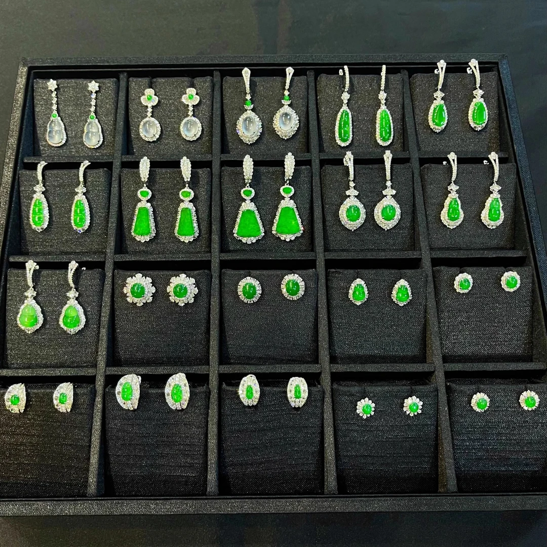 荟翠天下翡翠耳环天然A货冰种葫芦蛋面耳环阳绿耳钉平安无事牌18k