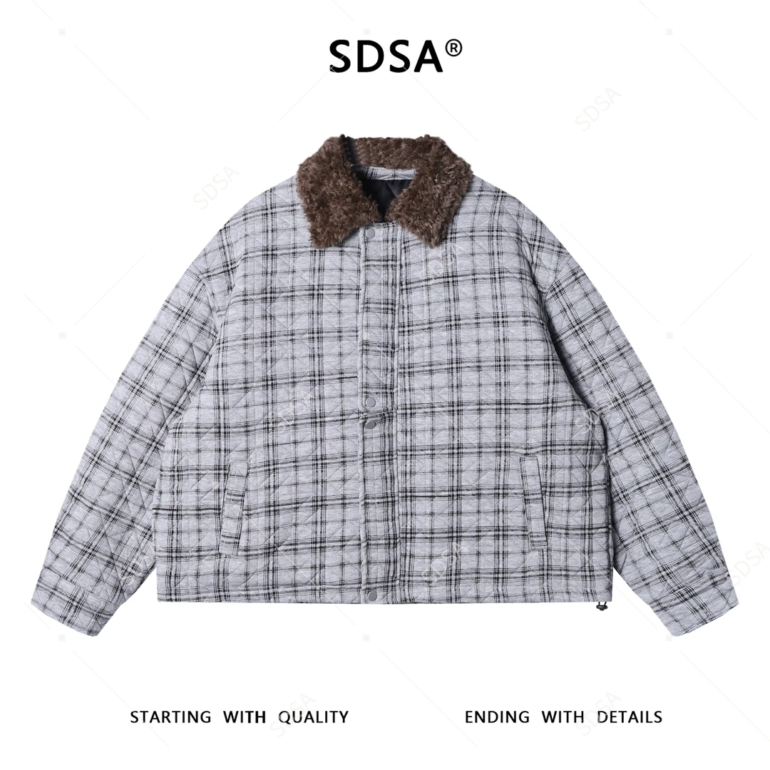 SDSA男士秋冬新款痞帅男装韩版宽松拼接格纹翻领夹克外套百搭时尚