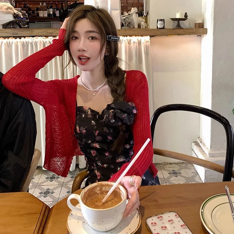 红色冰丝针织开衫女夏季新款配吊带裙外搭防晒外套薄款罩衫上衣潮