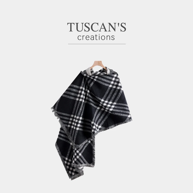 TUSCANSCREATIONS女士流苏条纹冬季保暖围巾英伦格子大披肩披风