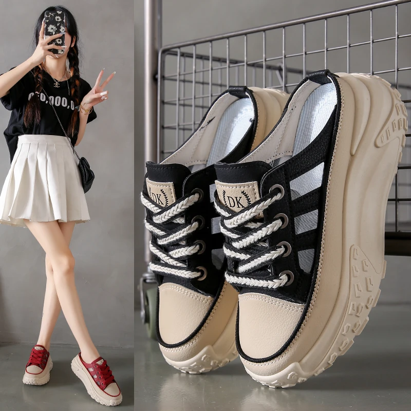 2025夏季新款镂空单网休闲面包头一脚蹬防滑透气爆款薄款半拖鞋