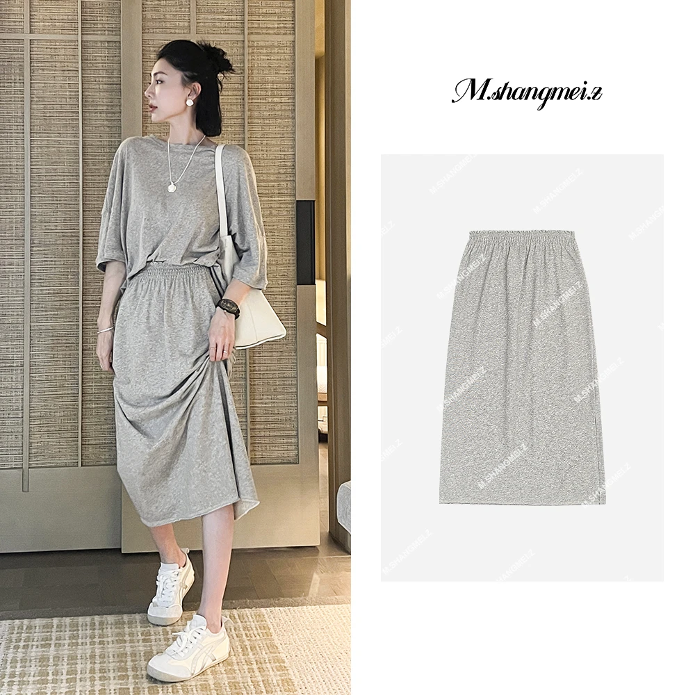 M.SHANGMEI.Z/沐熙【大象灰】美大哥显瘦松紧腰后开叉半身裙X069286