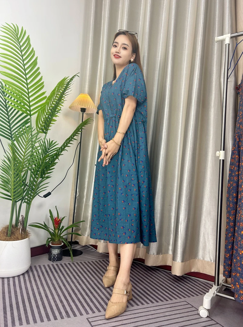 竹节棉连衣裙女中长款2025夏季新款短袖小碎花吸汗显瘦洋气减龄