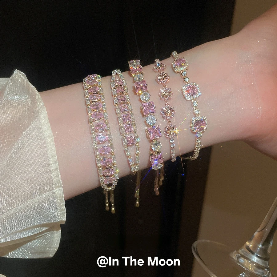 合金锆石手链 爆闪粉色锆钻精致轻奢女款抽拉可调节长短手链