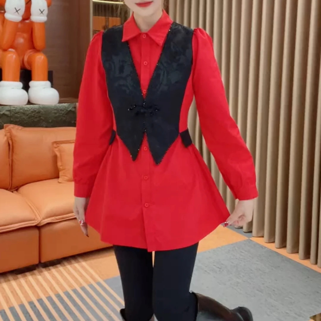 时中长款重工马甲拼接长袖假两件衬衫裙【微色差】