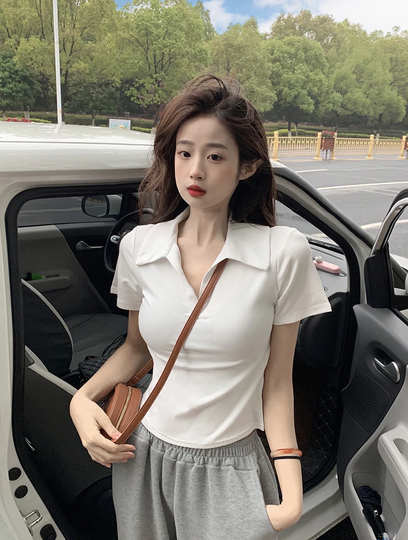 纯欲风Polo翻领修身正肩短袖T恤女夏季辣妹ins韩版休闲短款上衣潮