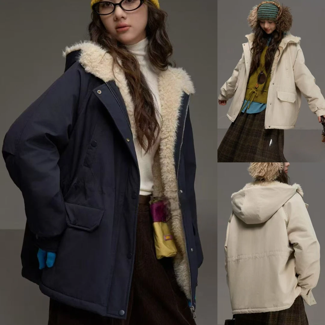 【毛内胆棉服】女大童冬款加绒加厚版外套长袖连帽款百搭休闲款