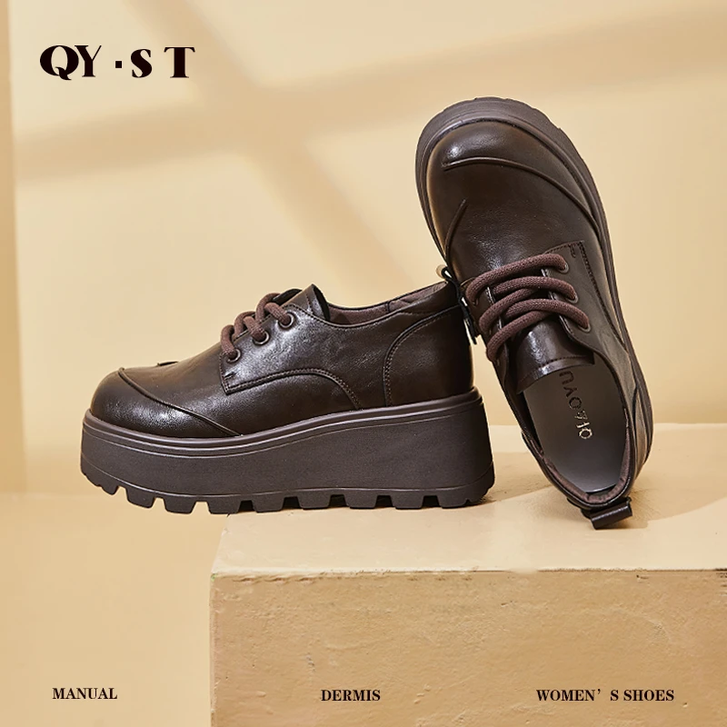 【隐形增高8CM】春季新款真皮厚底增高圆头单鞋女舒适乐福鞋#F98505