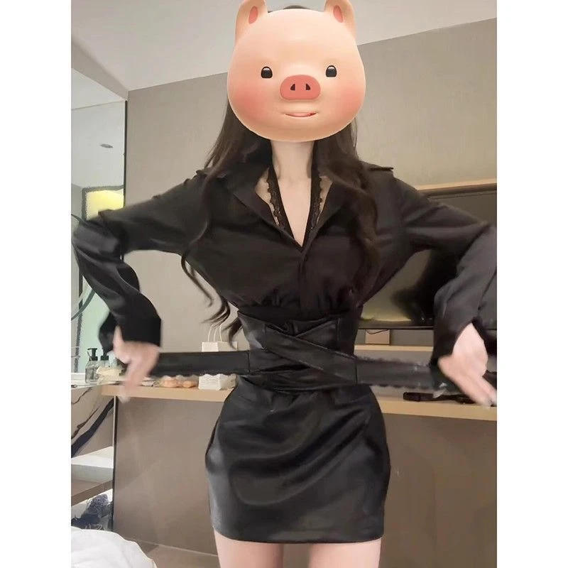 2025年春秋甜辣纯欲性感辣妹长袖衬衫上衣收腰包臀半身皮裙两件套