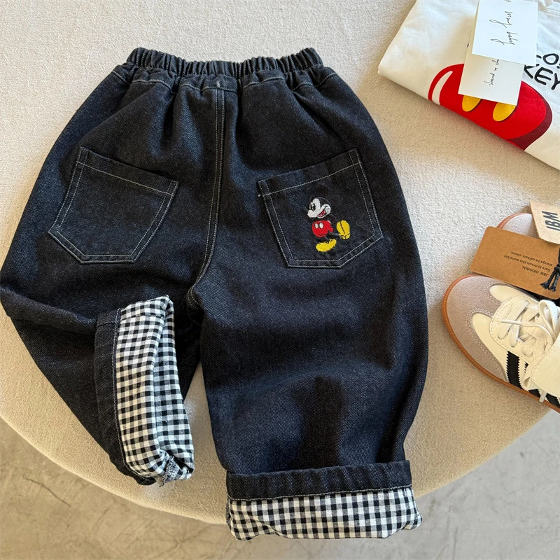 儿童长裤2025春季新品男女童卡通刺绣牛仔裤宝宝拼接直筒裤