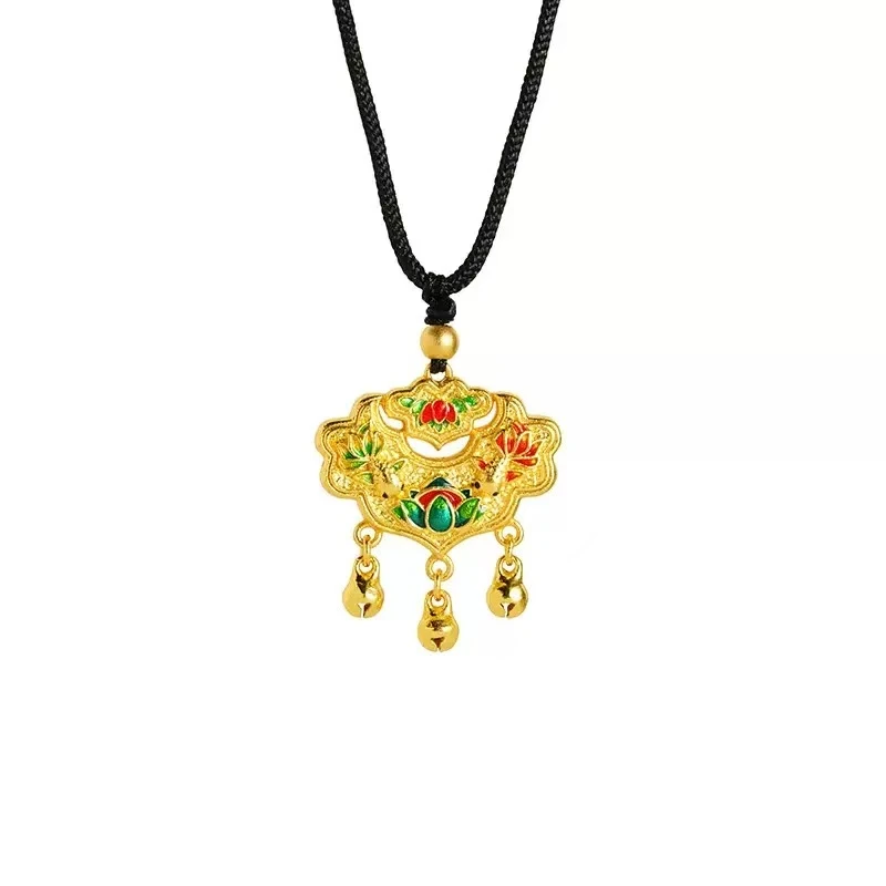 铜合金项链 手工气质黑绳祥云锁饰品珠宝珐琅女国风时尚