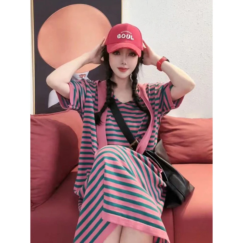 夏季宽松减龄条纹中长款休闲连衣裙女装薄款长裙韩版时尚显瘦裙子