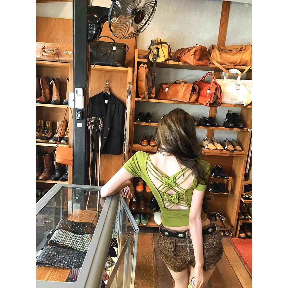 蝶舞秘境辣妹蝴蝶正肩短袖T恤女夏季新款