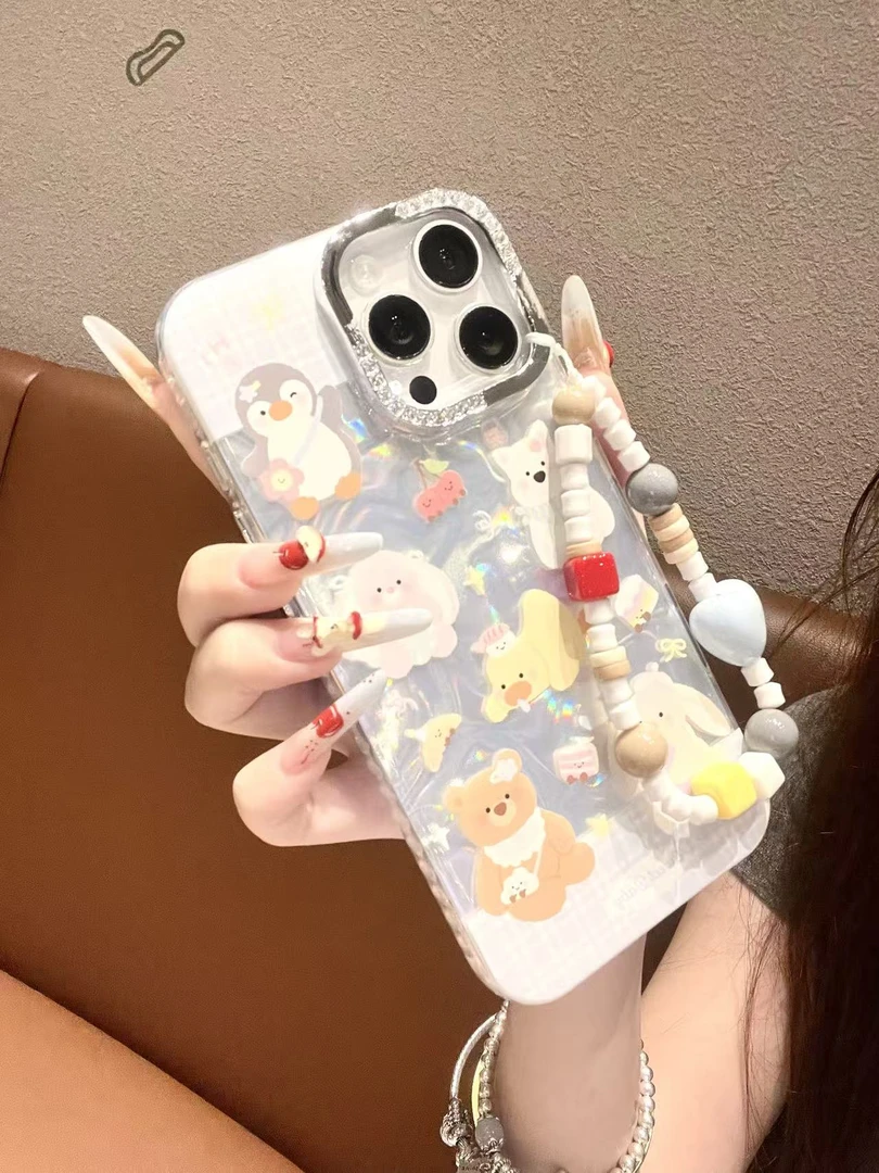 卡通可爱小动物合集绸缎纹壳适用苹果16/15/14/13防摔手机壳