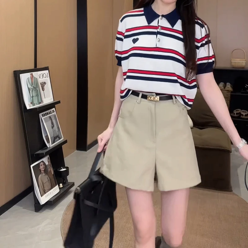 2025春夏新款撞色条纹针织衫上衣+休闲西装短裤两件套LK2503842