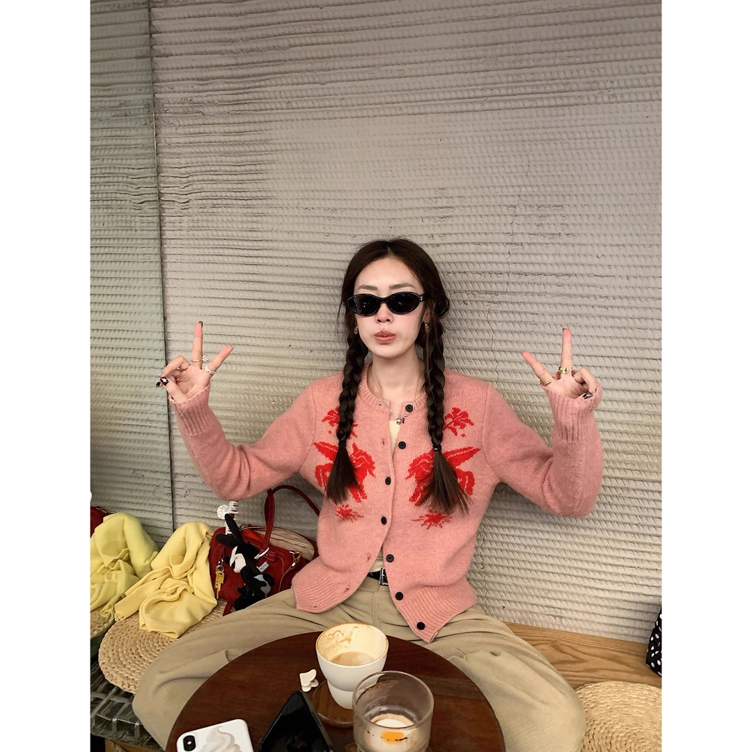 波点花边内搭打底T恤+新年可爱小马 复古提花圆领针织开衫C 5105#